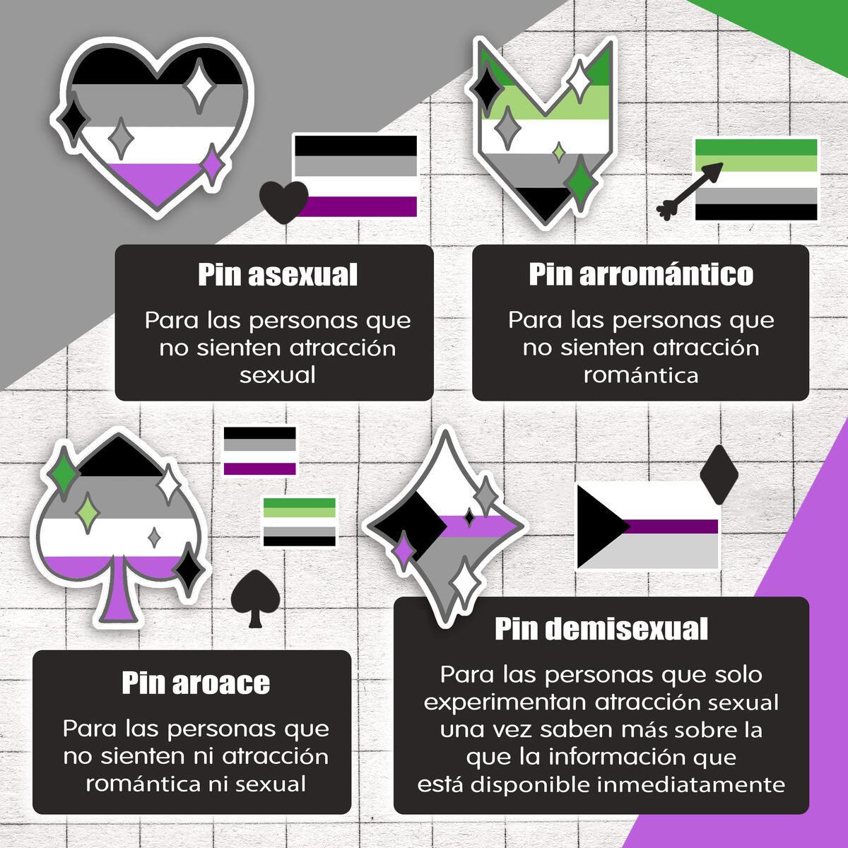 Pin asexual, arromántico, aroace y demisexual