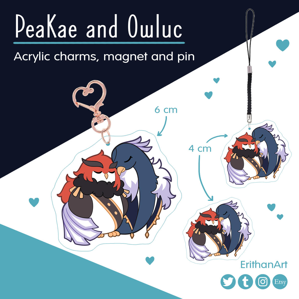 PeaKae & OwlLuc: llavero grande, pin acrílico (5€), llavero chiquito (5€)