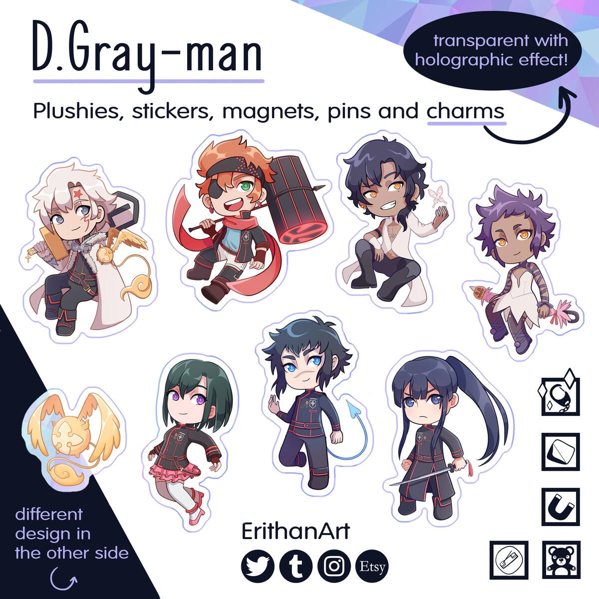 D.Gray-man (holográficos excepto Timcanpy que es chiquito): Allen, Lavi, Tyki Mikk, Lenalee, Alma, Kanda, Road, Timcanpy