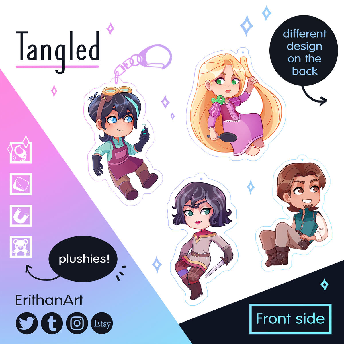 Enredados (holográficos): Rapunzel, Eugene, Cassandra, Varisan