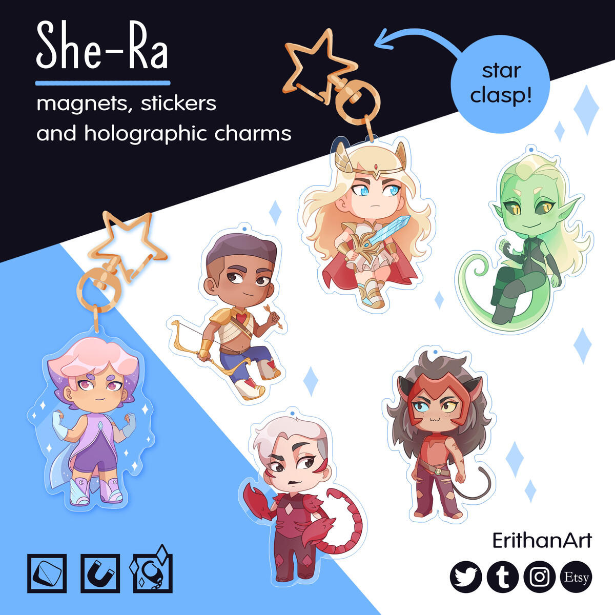 She-Ra (holográficos): Adora, Catra, Glimmer, Scorpia, Bow, Double Trouble